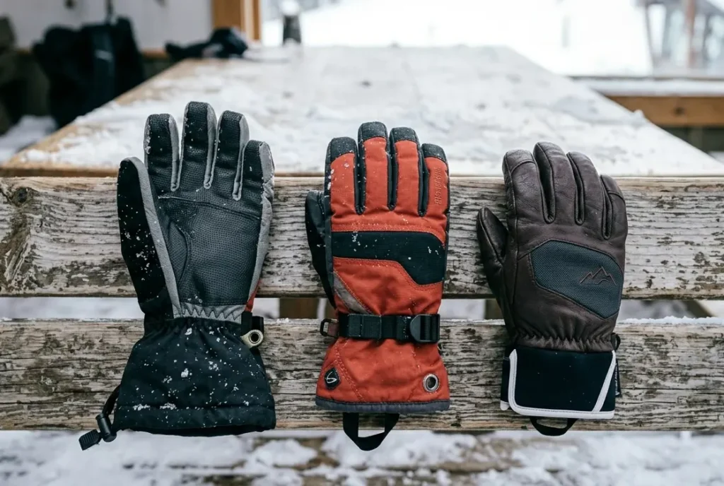 Different styles of the best ski gloves for women laid out on a snowy wooden bench