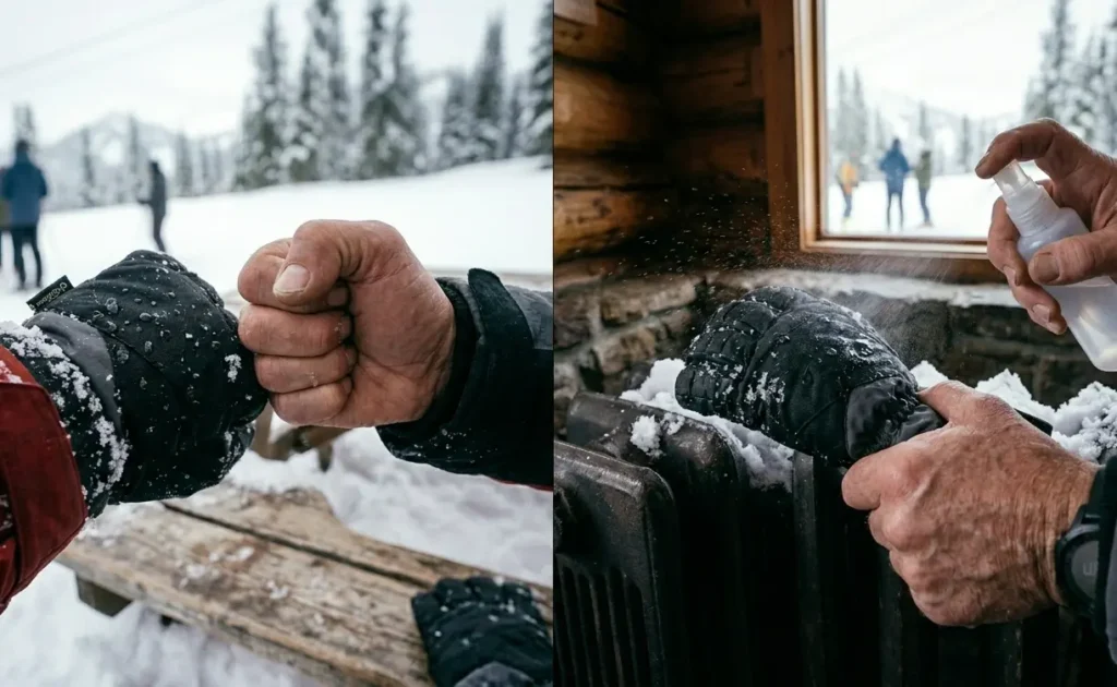 Spraying water on a budget ski glove to test the DWR waterproof coating limit