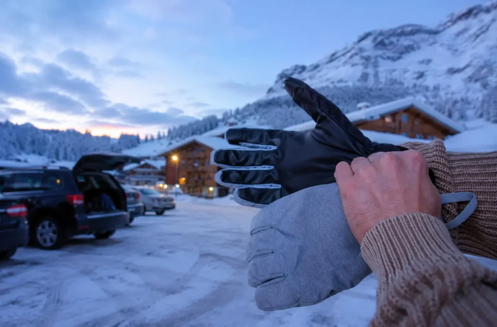 Best ski gloves under $50 — pulling on a budget glove at a ski resort parking lot at dawn