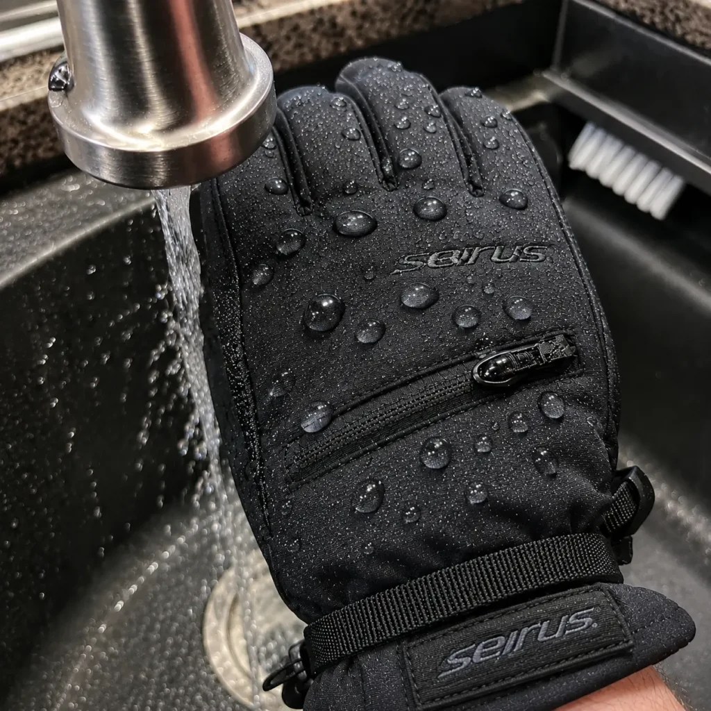 Close up of water droplets beading on a waterproof ski glove membrane during a wet weather spray test