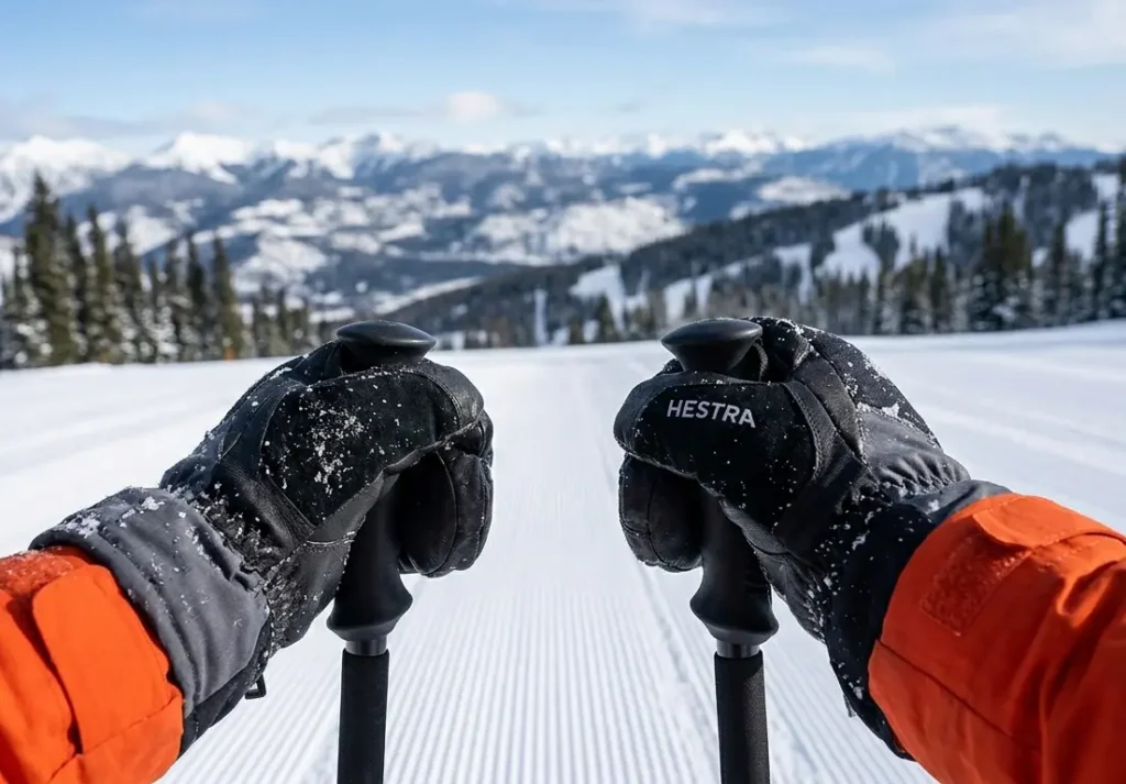  Gripping ski poles while wearing warm, insulated ski mittens on the mountain