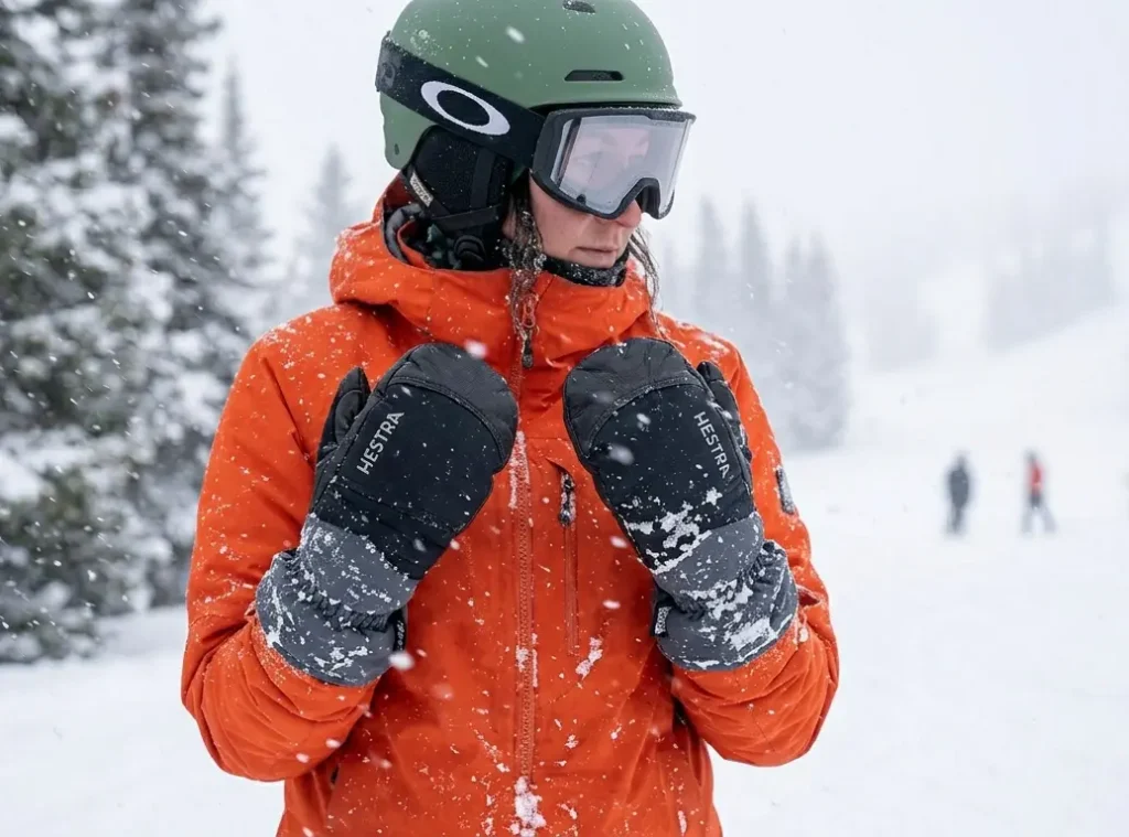 Skier standing, wearing thick, waterproof, and  best ski mittens during a heavy snowstorm
