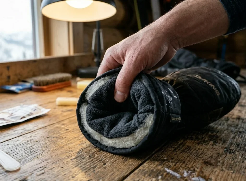 Checking the thick 280g removable fleece liner inside the Dakine Titan Gore-Tex ski mitten
