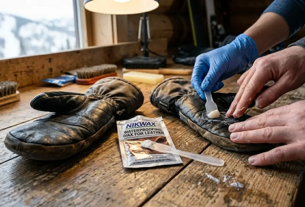 Applying Nikwax waterproofing treatment to a pair of leather Kinco 901T ski mittens