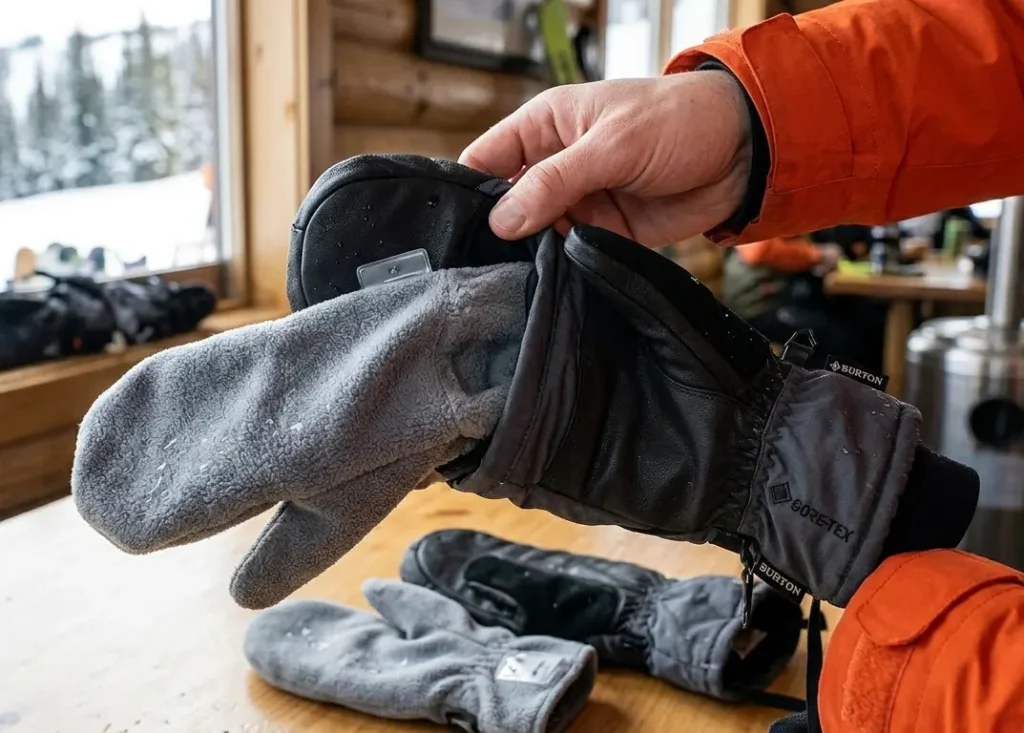  Pulling the removable fleece liner out of a Burton Gore-Tex ski mitten to dry overnight
