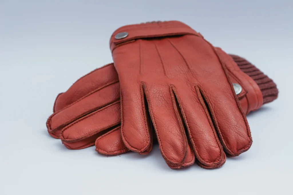 Close-up of goatskin leather ski glove texture and stitching