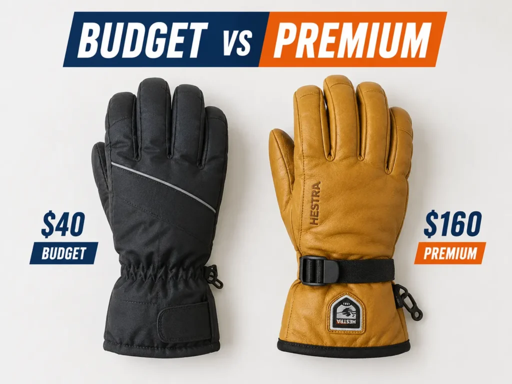 budget and premium ski glove laid side by side for comparison