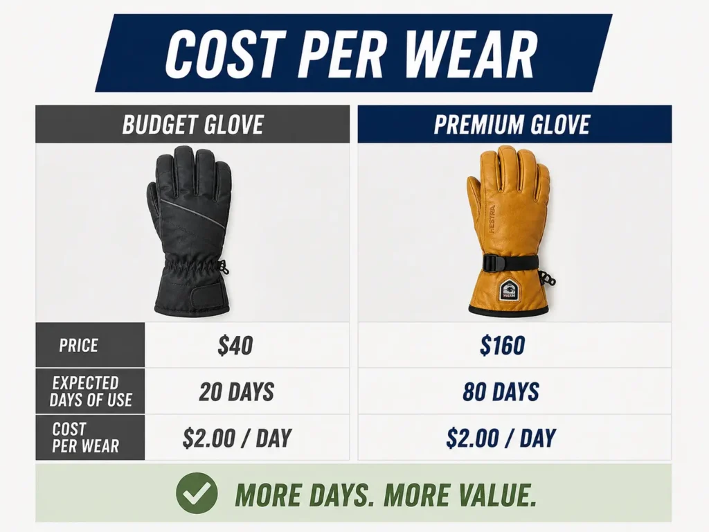 cost-per-wear comparison chart for budget vs premium ski gloves