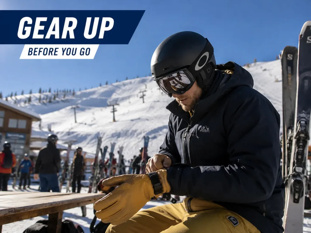 skier putting on gloves before a run