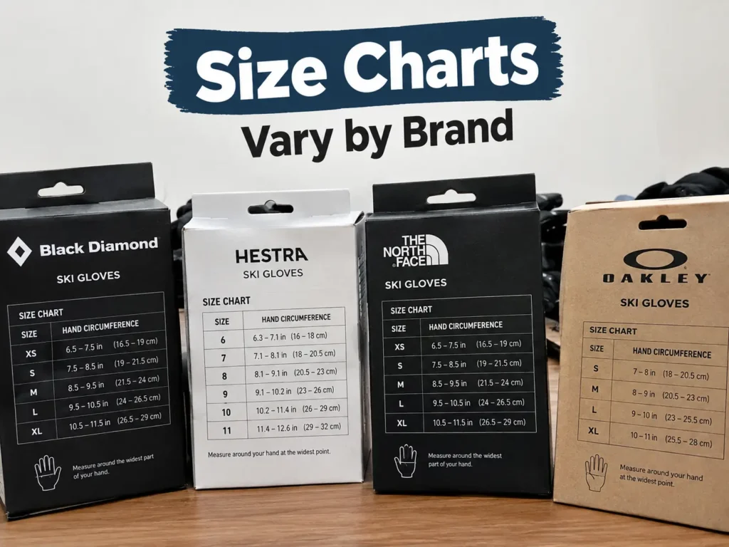 Comparing ski glove size charts across different brands