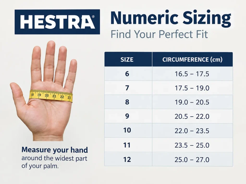 Hestra numeric glove sizing scale diagram