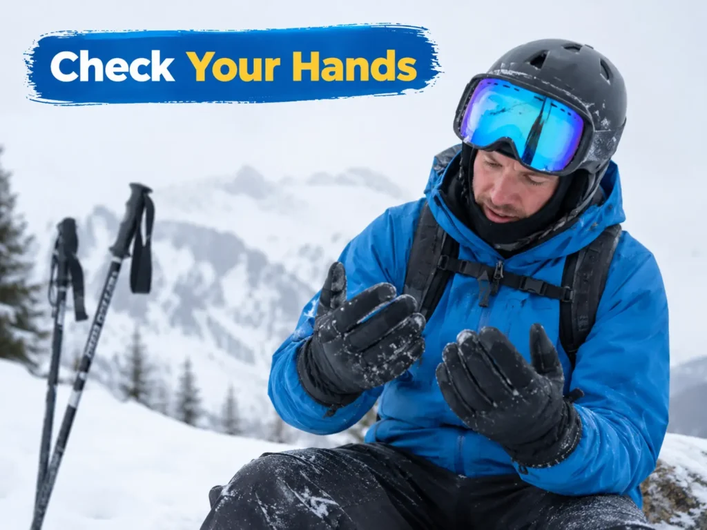 Skier checking hands for cold exposure