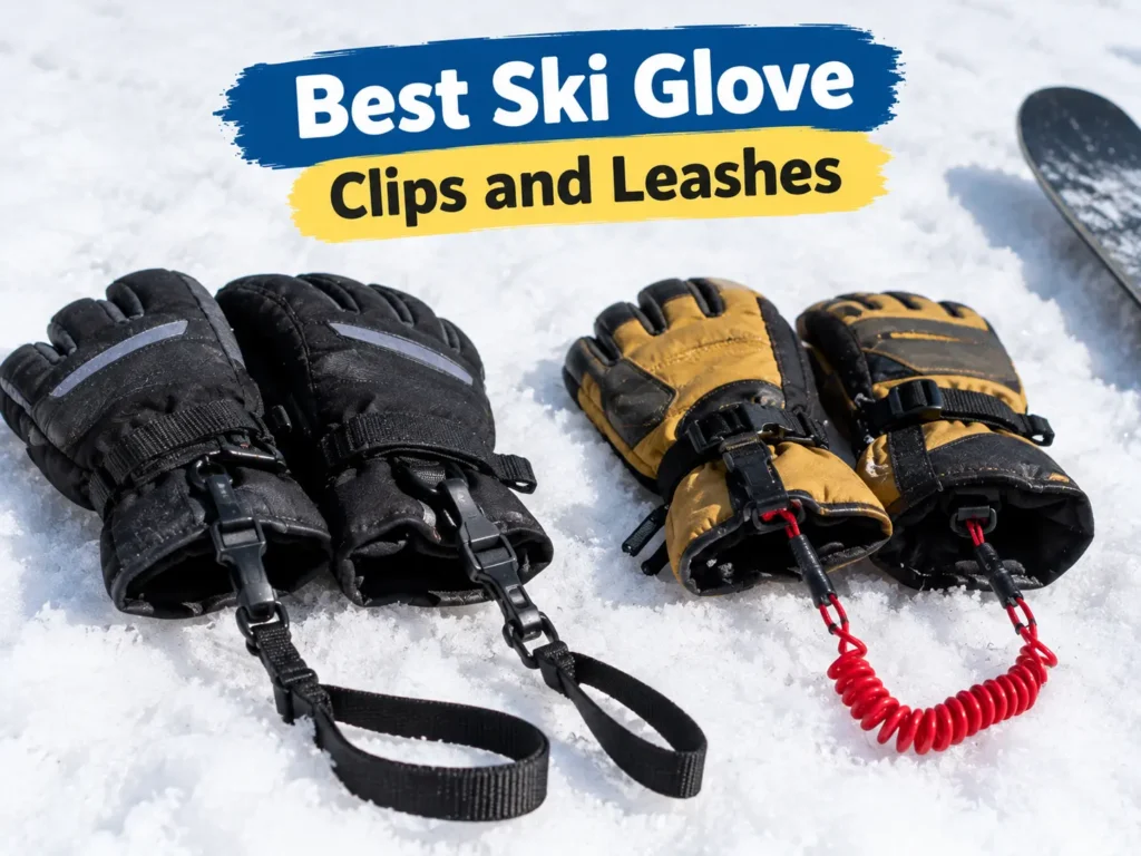 Best ski glove clips and leashes shown on two pairs of gloves in the snow