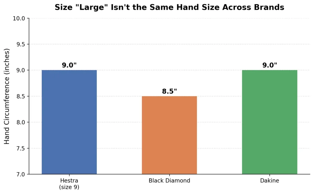 Ski glove size Large hand circumference comparison across Hestra, Black Diamond, and Dakine